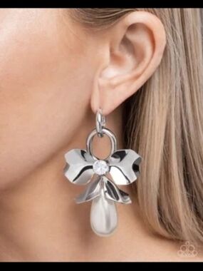 Polished Silver Floral Drop Earrings with Crystal Accent - Women Jewelry